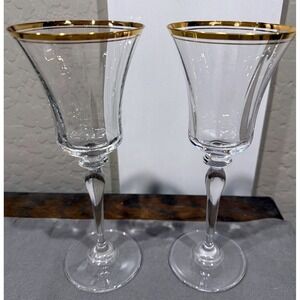 Vintage Mikasa Jamestown Gold Rimmed Crystal Water/Wine Glasses Set of 2, 9.5"-B